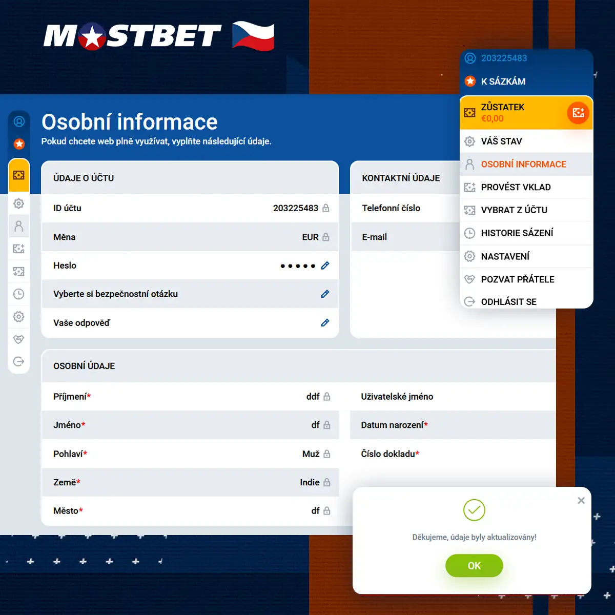 Potvrďte svůj účet na Mostbet vyplněním sekce s osobními údaji